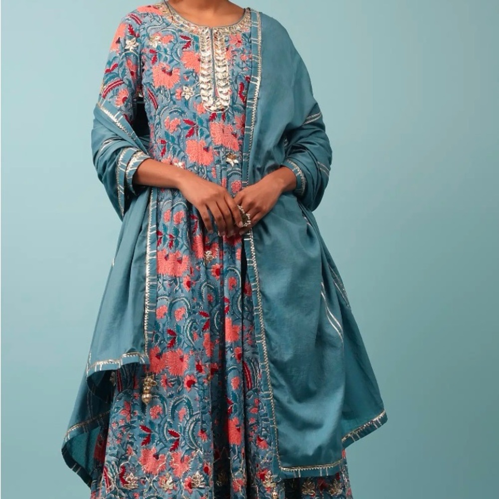 Indian Bollywood Anarkali Blue Floral Gota Work on Cotton